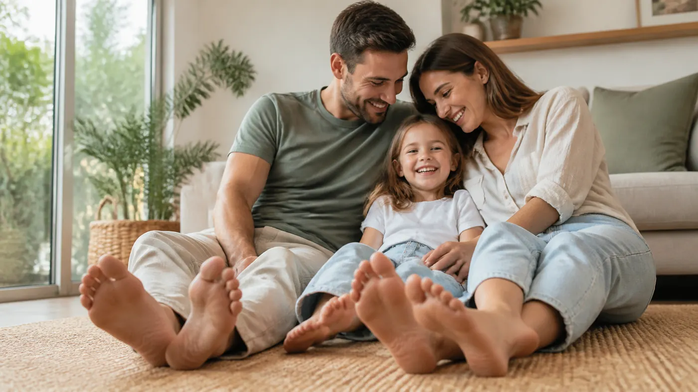 Family sitting together with bare feet visible
